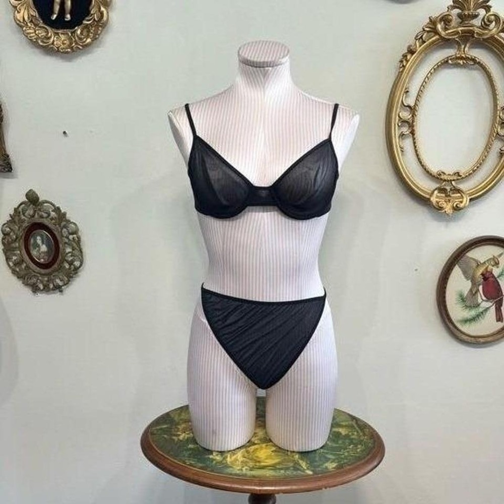 NWT Vintage Victoria's Secret Black Mesh Bra & Thong Set Y2K Goth 36B/L